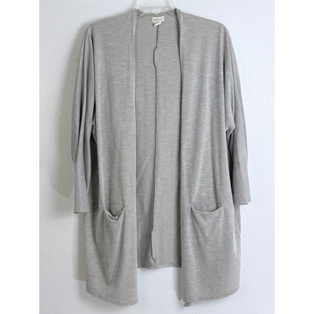 Donni Cardigan Grey Ribbed Open Front Pocket Striped OSFA